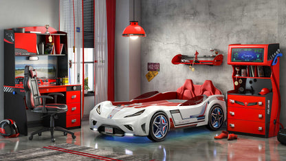 GTS EV White Twin-Size Race Car Bed, Remote Control with 4 Modes, LED Lights, Sound FX, Upholstered Headboard, Interior Padding
