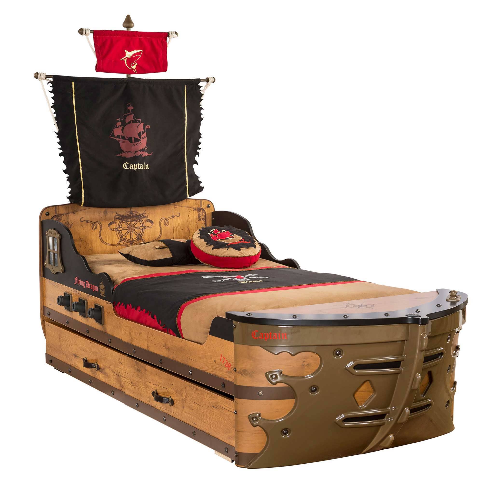 Pirate Twin Ship Bed, Fabric Sails, Front Bow, Cannonballs, Rustic Trim