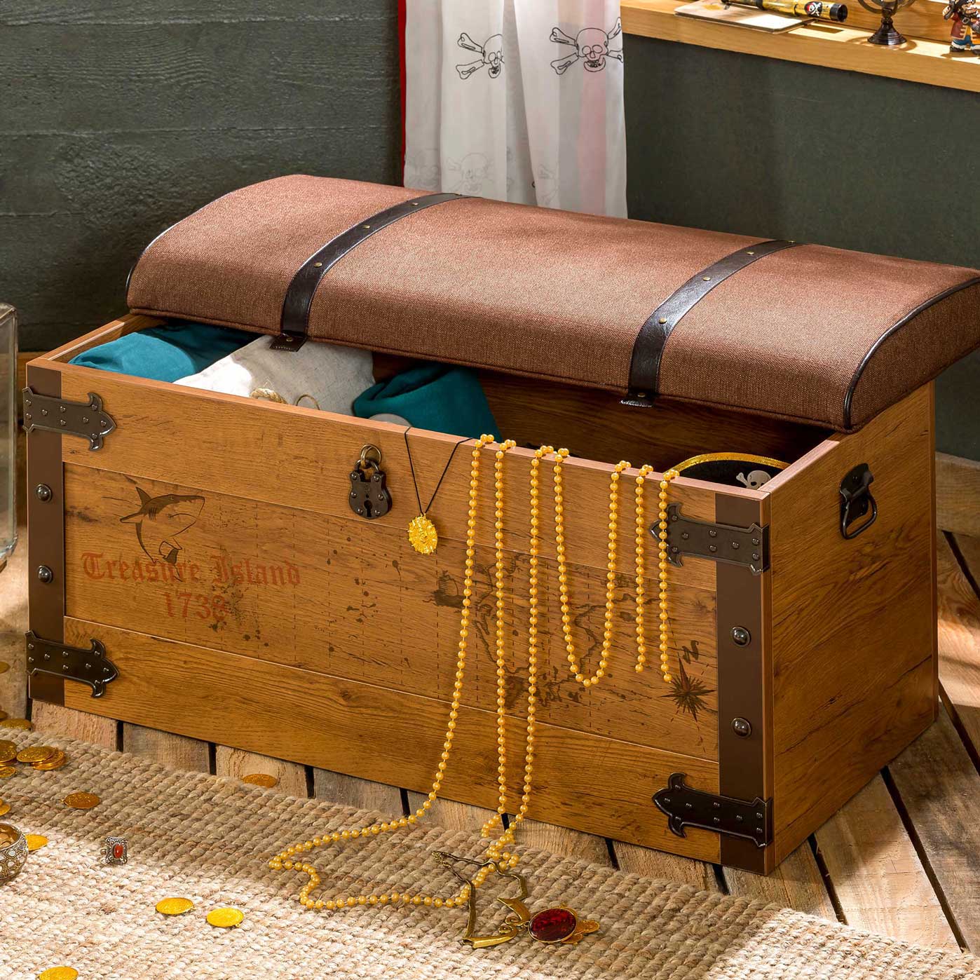 Pirate Toy Box Storage Bench with Cushion